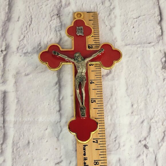 Gold Metal & Red Enamel Crucifix Jesus Wall Figure INRI Inscription 7x4.5" Italy - Picture 5 of 9